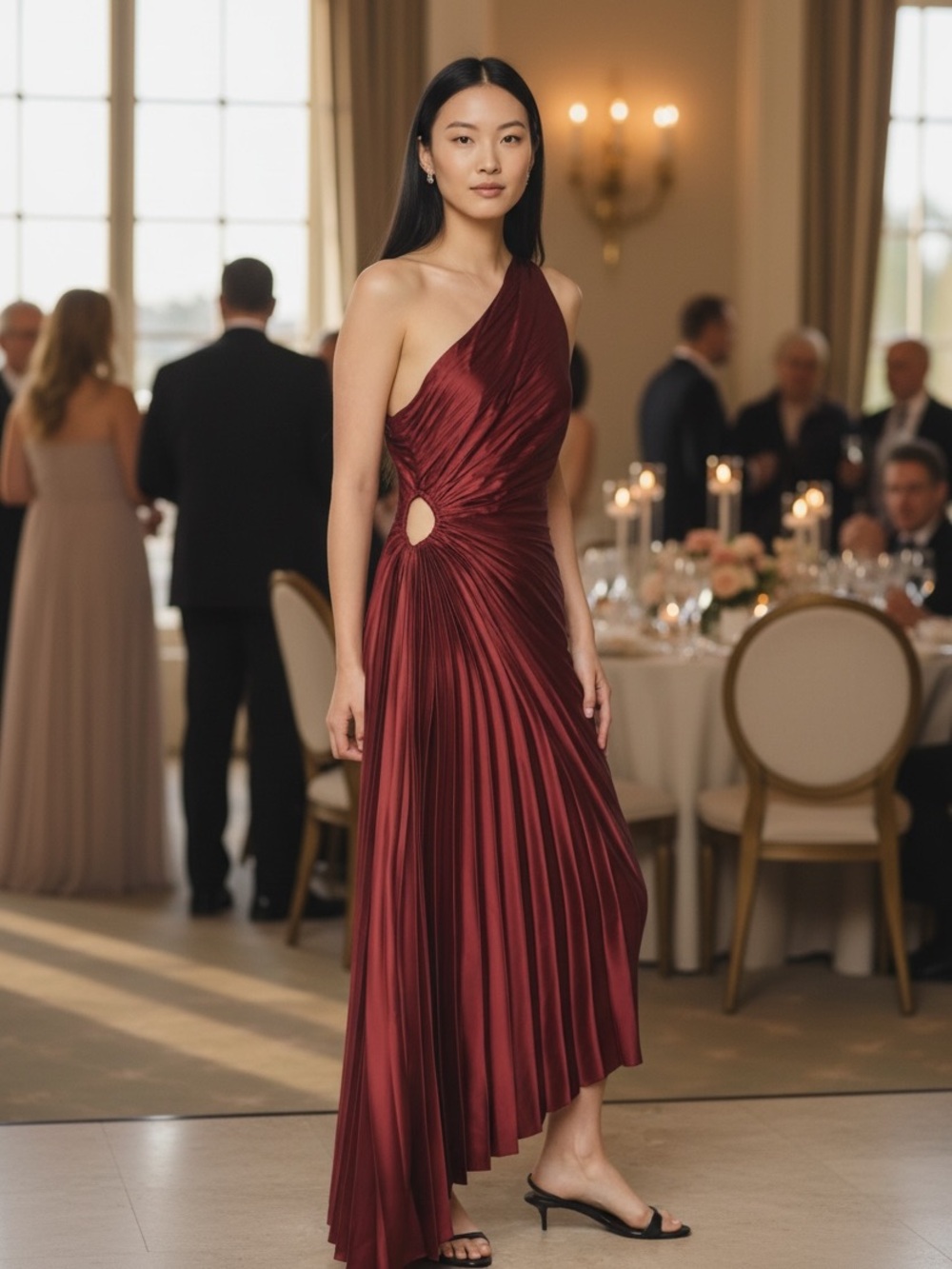 Satin one shoulder asymmetrical pleated dress